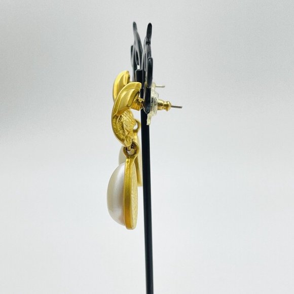 Faux Pearl Drop Earrings Brushed Gold Tone X Glam Bling Sparkle Holiday Party - Picture 5 of 7